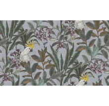 Papier peint avec des cacatoès, des colibris, des feuilles et des fleurs