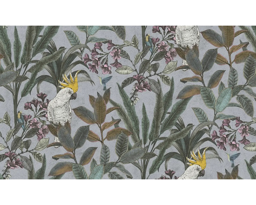 Papier peint avec des cacatoès, des colibris, des feuilles et des fleurs