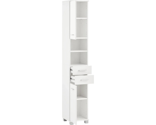 Weisser Badschrank mit offenen Regalen und Schubladen zur Aufbewahrung von Badutensilien