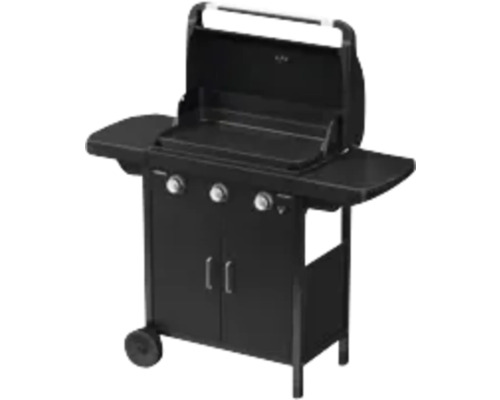 Barbecue à gaz noir avec étagères et armoire basse