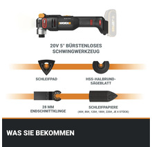 Worx 20V oszillierendes Multifunktionswerkzeug mit Schleifpad, HSS-Halbrund-Sägeblatt, 28 Millimeter Endschnittklinge und Schleifpapieren