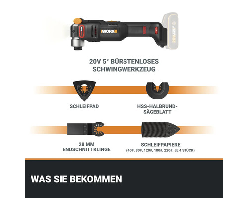 Worx 20V oszillierendes Multifunktionswerkzeug mit Schleifpad, HSS-Halbrund-Sägeblatt, 28 Millimeter Endschnittklinge und Schleifpapieren