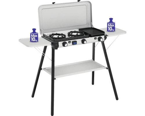 Réchaud de camping avec deux brûleurs, plaque de cuisson, étagères et tablette