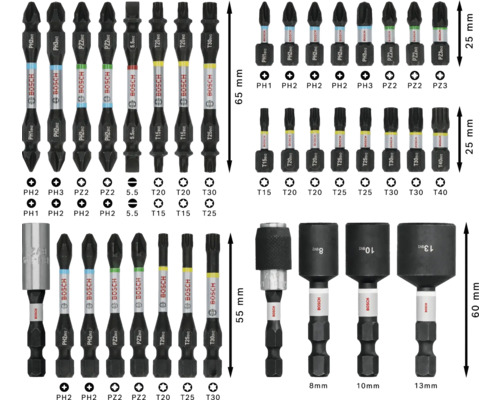 Jeu d''embouts de vissage Bosch avec différentes tailles et types