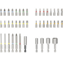 Verschiedene Schrauberbits und magnetische Steckschlüssel in unterschiedlichen Größen.