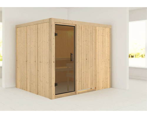 Sauna en bois avec porte en verre et bancs