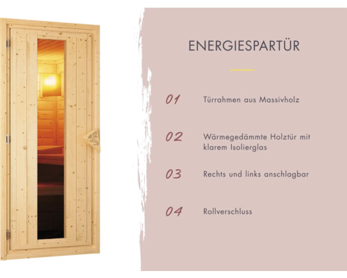 Energiespartür mit Türrahmen aus Massivholz und wärmegedämmter Holztür mit Isolierglas, rechts und links anschlagbar und Rollverschluss.