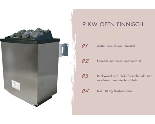Finnischer 9 kW Saunaofen mit Edelstahl-Aussenmantel und 18 kg Diabassteinen