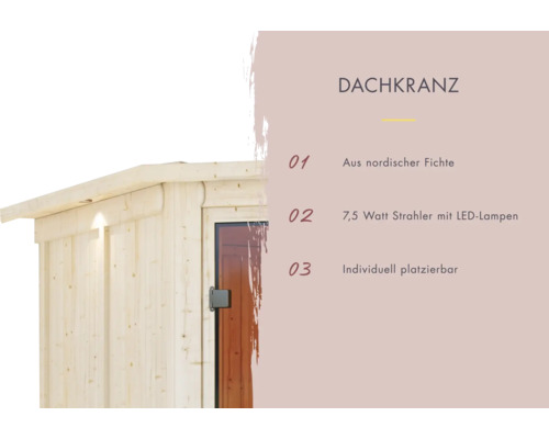 Dachkranz aus nordischer Fichte mit 7,5 Watt Strahlern mit LED Lampen individuell platzierbar