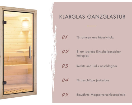 Klare Ganzglastür mit Türrahmen aus Massivholz und Sicherheitsglas für Sauna