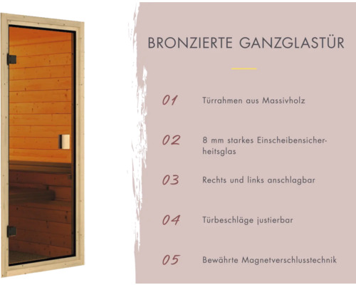 Bronzierte Ganzglastür mit Türrahmen aus Massivholz, 8 mm Einscheibensicherheitsglas, Türbeschläge justierbar und Magnetverschlusstechnik