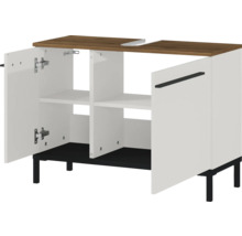 Meuble bas avec espace de rangement ouvert, portes et pieds
