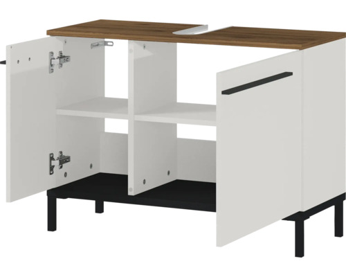 Meuble bas avec espace de rangement ouvert, portes et pieds
