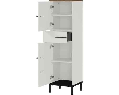Armoire haute avec tiroir, étagères ouvertes et deux portes