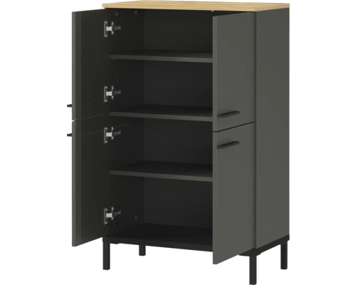 Armoire multifonctionnelle grise avec deux portes, compartiments de rangement et pieds