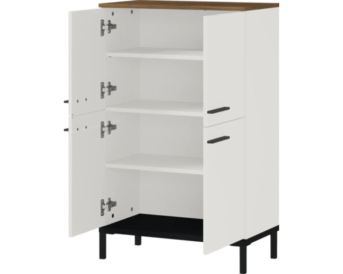 Armoire multifonctionnelle blanche avec plateau en bois et portes ouvertes
