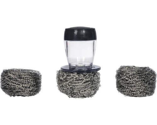 Brosse à vaisselle avec distributeur de liquide vaisselle et deux tampons à récurer