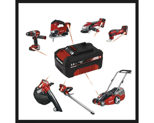 Batterie Einhell et outils associés tels que perceuse, scie sauteuse, meuleuse d''angle, outil multifonction, souffleur de feuilles, taille-haie et tondeuse à gazon