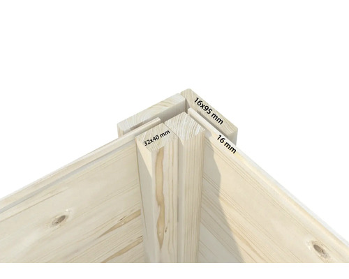 Vue détaillée d''un coin en bois avec les dimensions 16 x 95 millimètres, 32 x 40 millimètres et 16 millimètres