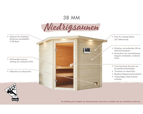 Niedrigsauna mit 38 Millimeter Wandstärke aus nordischer Fichte mit Glastür und LED Spots.