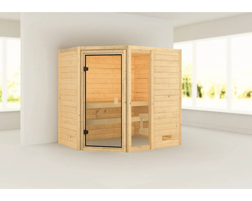 Sauna en bois avec porte en verre et bancs