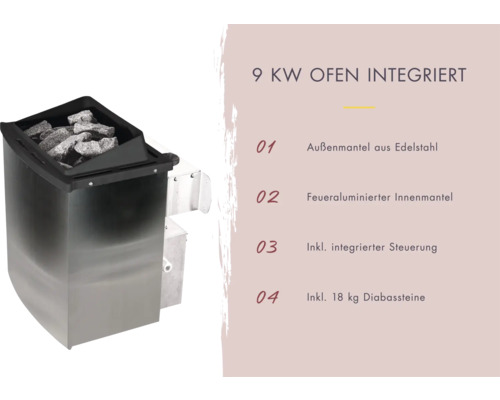 Saunaofen mit 9 Kilowatt Leistung, Edelstahlaußenmantel, feuerverzinktem Innenmantel, integrierter Steuerung und 18 Kilogramm Diabassteinen