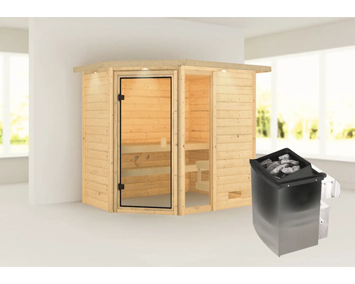 Sauna en bois avec porte en verre et poêle de sauna