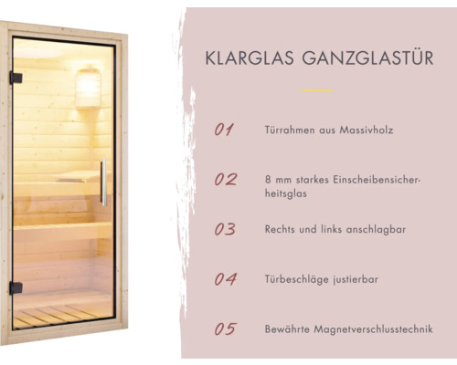 Saunatür aus Klarglas mit massivem Holzrahmen