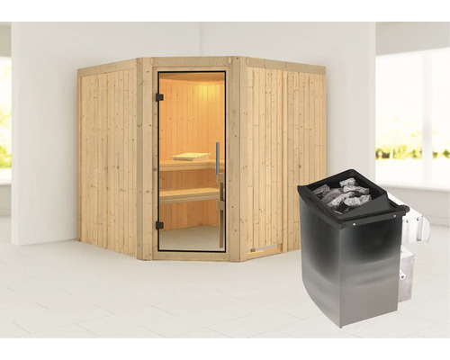 Sauna d''angle en bois avec poêle de sauna et pierres de sauna