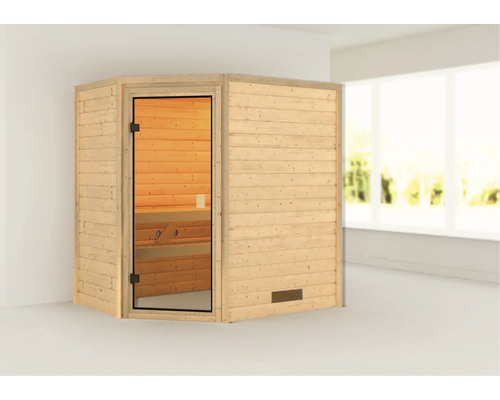 Holzsauna mit Glastür in einer Ecke