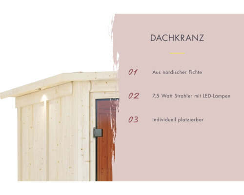 Dachkranz aus nordischer Fichte mit 7,5 Watt LED Strahlern, individuell platzierbar