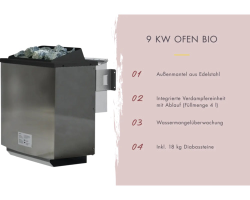 9 Kilowatt Saunaofen mit Edelstahlmantel, integrierter Verdampfereinheit und 18 Kilogramm Diabassteinen