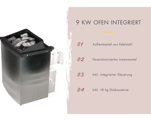 Saunaofen mit 9 Kilowatt Leistung und Diabassteinen.