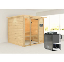 Sauna en bois avec porte en verre et poêle de sauna avec pierres