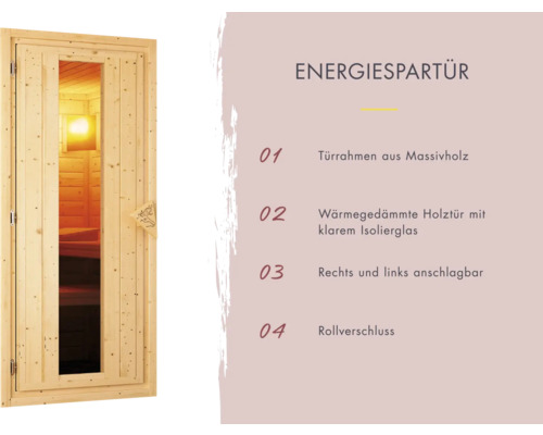 Energiespartür mit Türrahmen aus Massivholz und wärmegedämmter Holztür mit klarem Isolierglas, rechts und links anschlagbar mit Rollverschluss