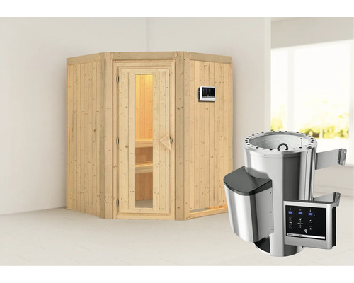 Sauna modulaire Karibu Kanja avec poêle 3,6 kW et commande intégrée, sans couronne avec porte bois en verre isolé thermiquement