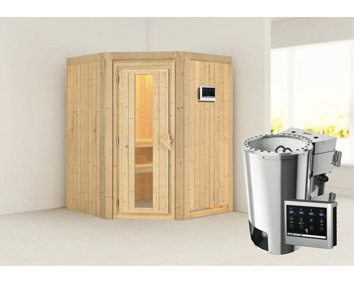 Sauna modulaire Karibu Kanja avec poêle Bio 3,6 kW et commande externe, sans couronne, avec porte en bois à verre isolé thermiquement