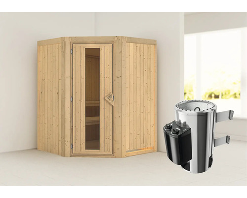 Sauna modulaire Karibu Kanja avec poêle 3,6 kW et commande intégrée, sans couronne, avec porte bois en verre isolé thermiquement