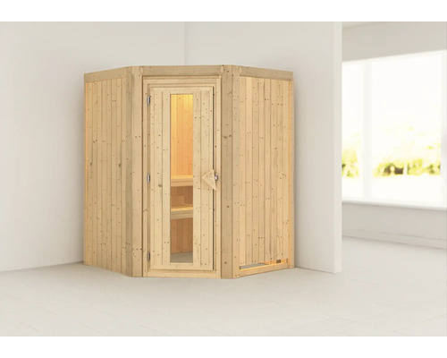 Sauna modulaire Karibu Kanja sans poêle ni couronne, avec porte en bois et verre isolé thermiquement