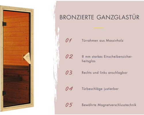 Bronzefarbene Ganzglastür mit Türrahmen aus Massivholz