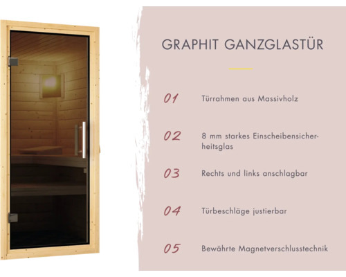 Graphit Ganzglastür mit Türrahmen aus Massivholz, 8 mm Einscheibensicherheitsglas, rechts und links anschlagbar, justierbaren Türbeschlägen und Magnetverschlusstechnik