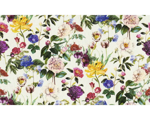 Papier peint à fleurs avec roses, tulipes et hortensias