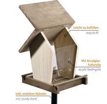 Mangeoire pour oiseaux avec réservoir d''alimentation en verre acrylique et support stable
