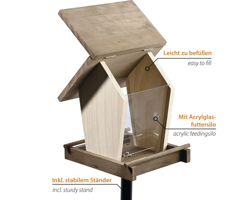 Mangeoire pour oiseaux avec réservoir d''alimentation en verre acrylique et support stable