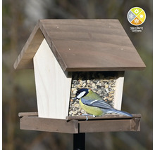 Mangeoire en bois avec une mésange charbonnière et le symbole pour le nourrissage tout au long de l''année.