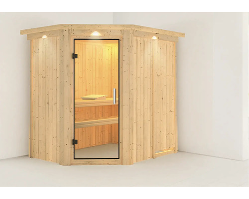 Sauna en bois avec porte en verre et éclairage intérieur