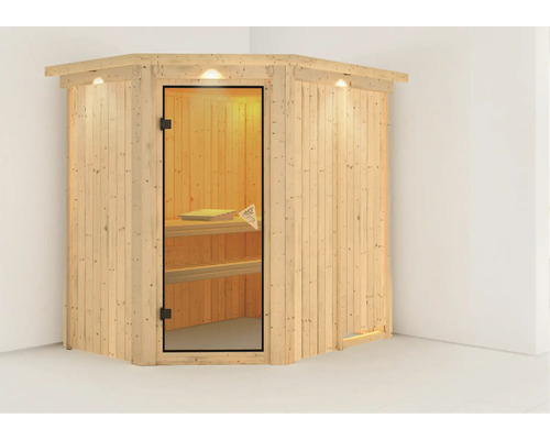 Ecksauna aus Holz mit Glastür und Innenbeleuchtung