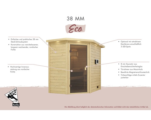 38 mm Elementsauna mit Glastür und LED-Spots