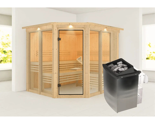 Ecksauna aus Holz mit Saunaofen und Saunasteinen