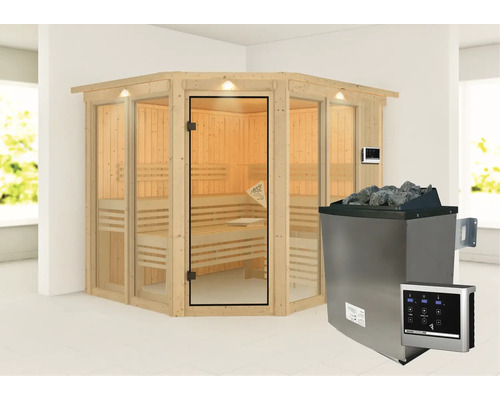 Ecksauna mit Saunaofen und Steuerung für den Innenbereich